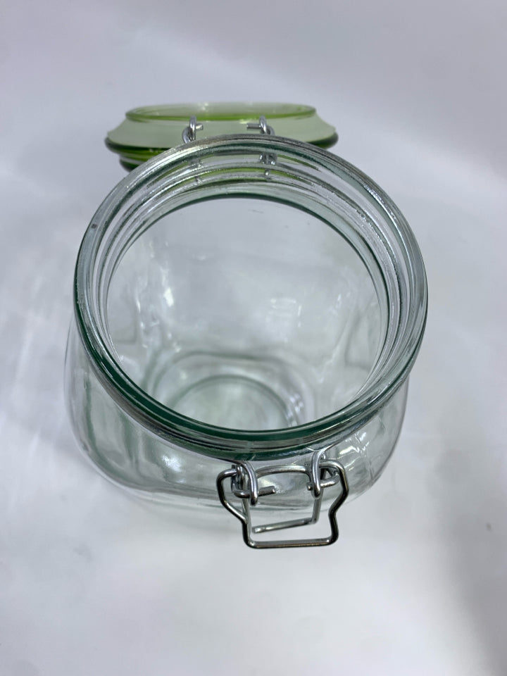 GLASS STORAGE JAR W/GREEN LID.