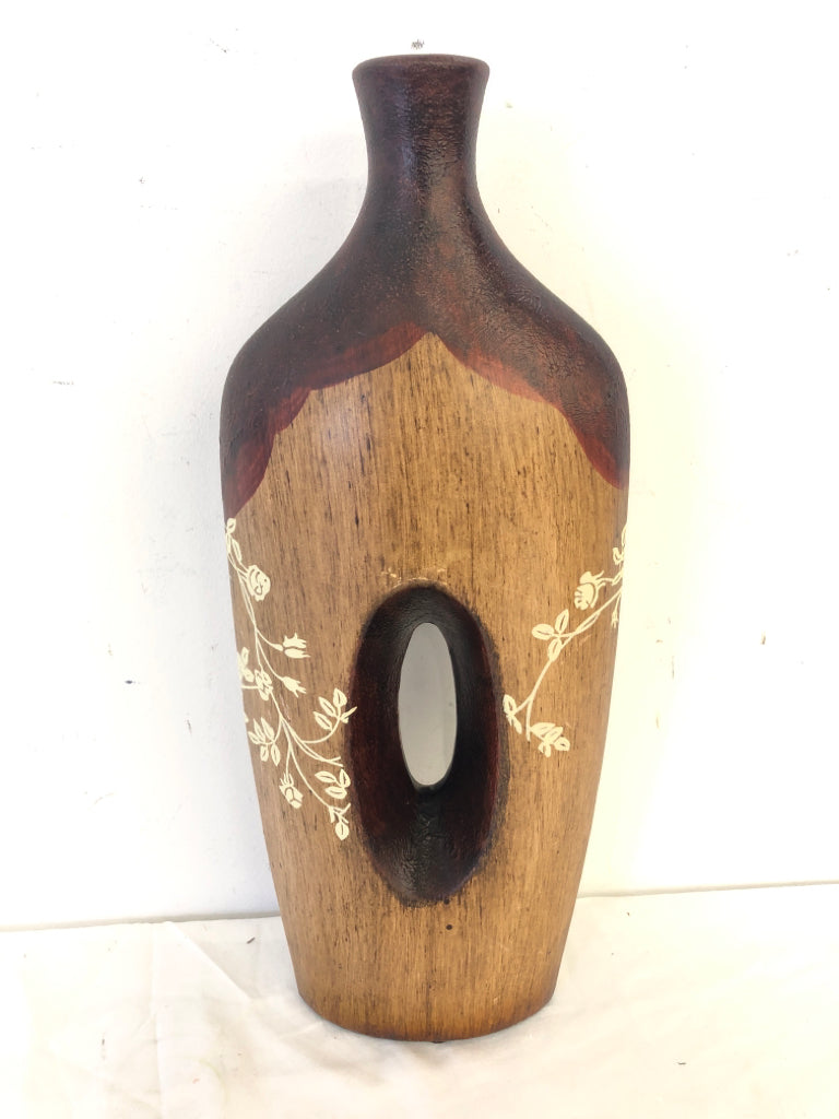 FAUX WOOD CERAMIC FLOOR VASE W FLOWER DESIGN AND HOLE IN THE CENTER.