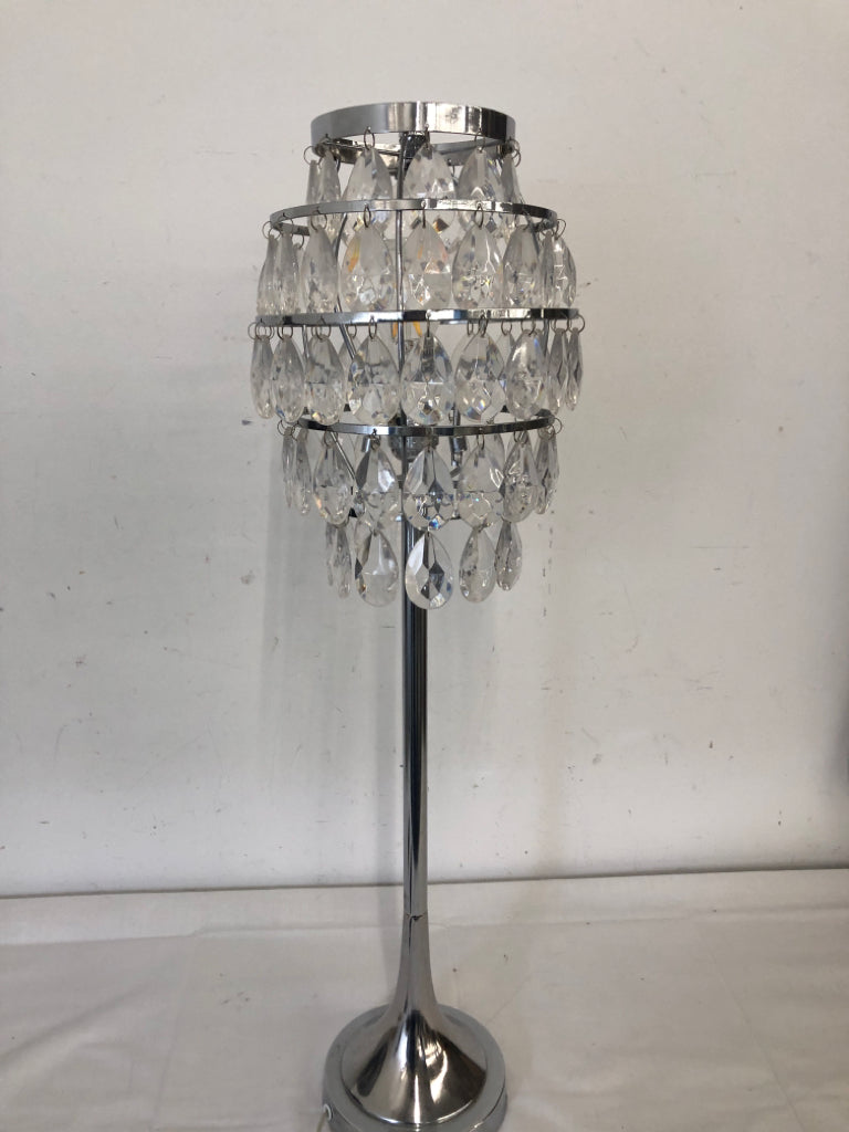 SILVER BASE LAMP W/ HANGING JEWELS SHADE.