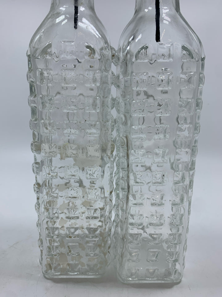 2 BUBBLE GLASS OIL/VINEGAR BOTTLES.