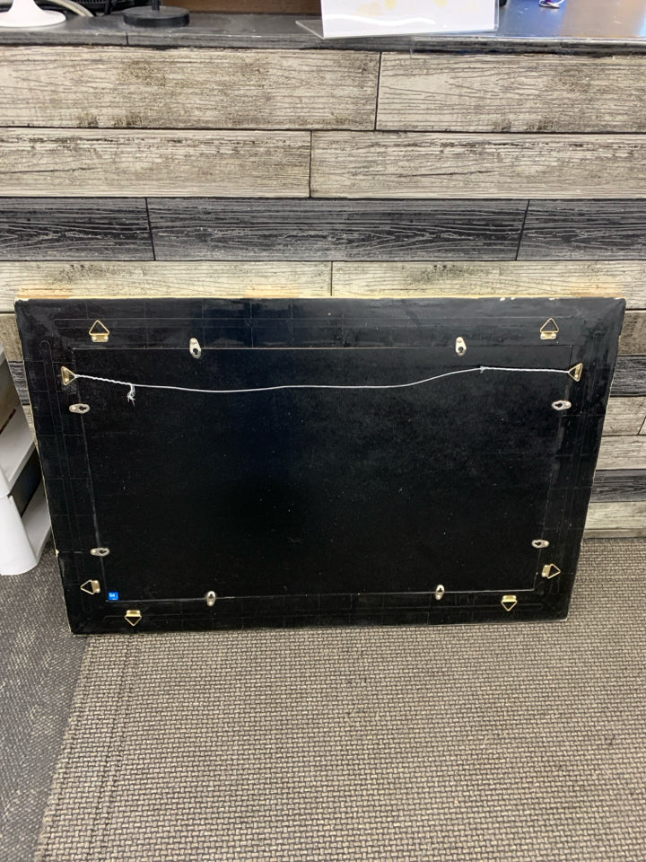 HEAVY WALL MIRROR W/SILVER SHAPES FRAME.