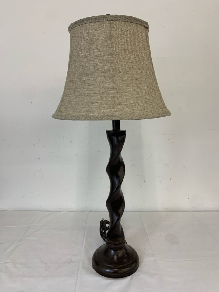 TALL BROWN SWIRL BASE LAMP W CREAM SHADE.