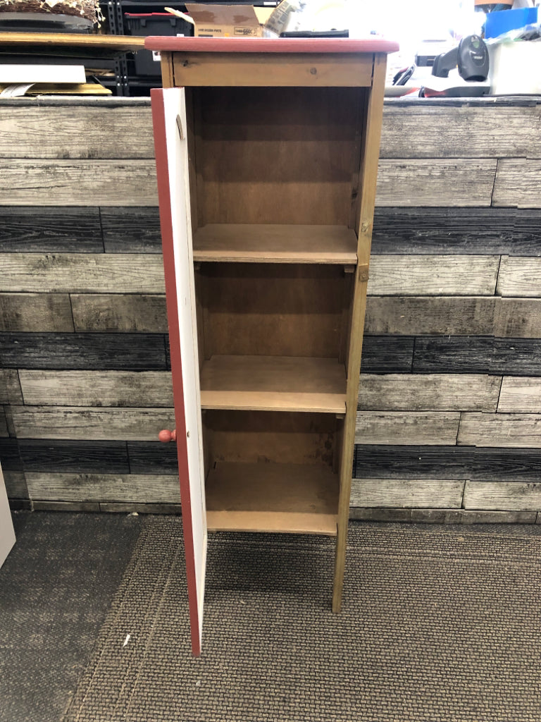 MAROON PAINTED JELLY CABINET W/ WOOD SIDES.