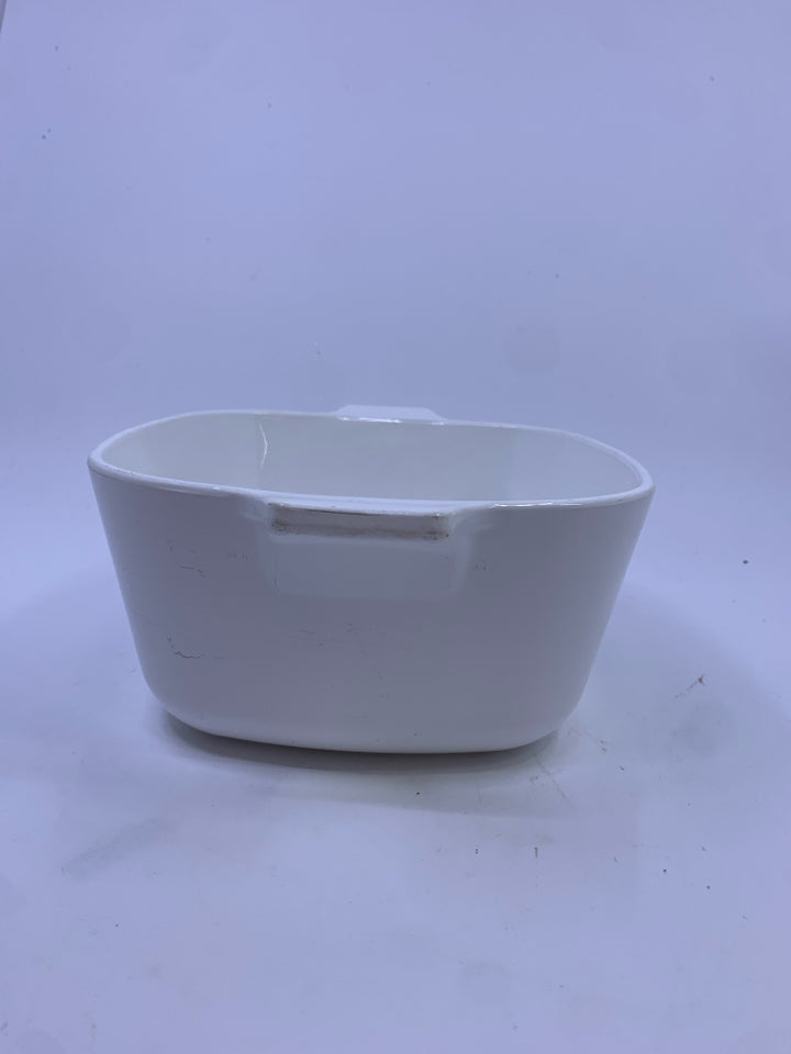 WHITE CASSEROLE DISH WITH BLUE FLORAL.