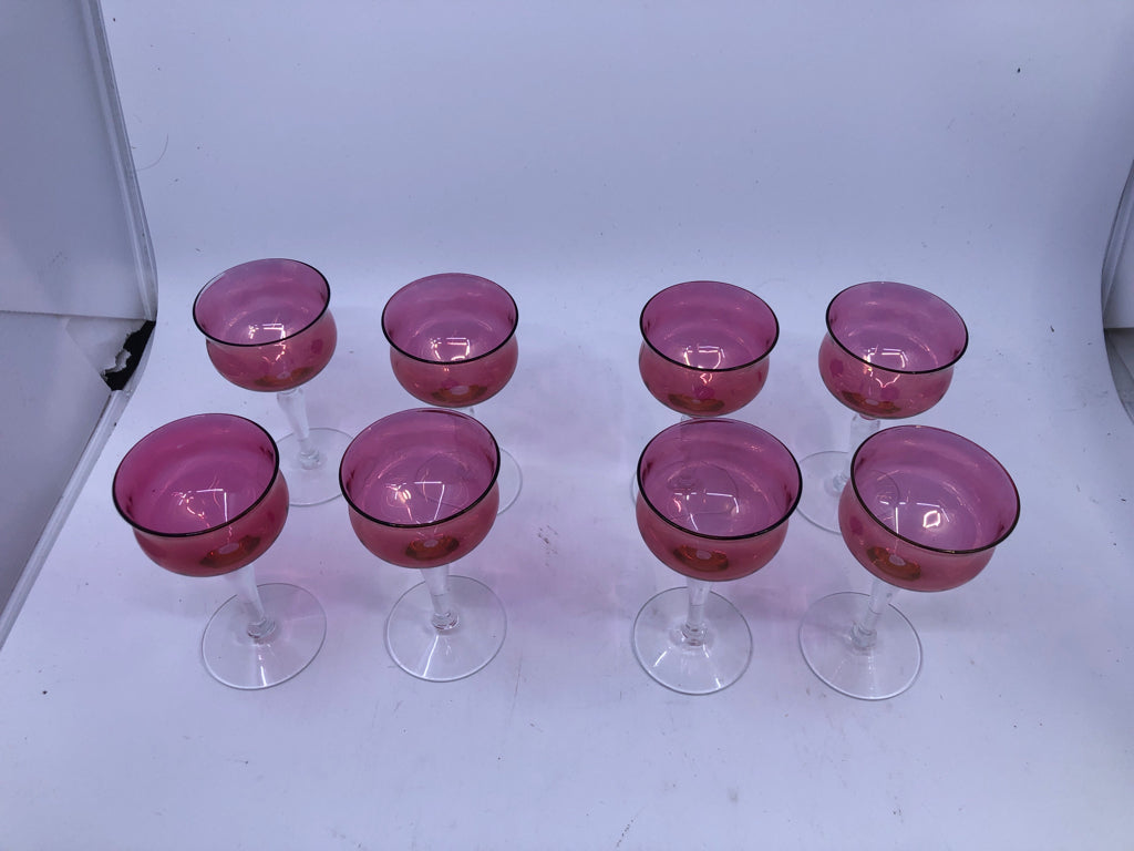 8 SMALL CLEAR STEM/ PINK TULIP WINE GLASSES.