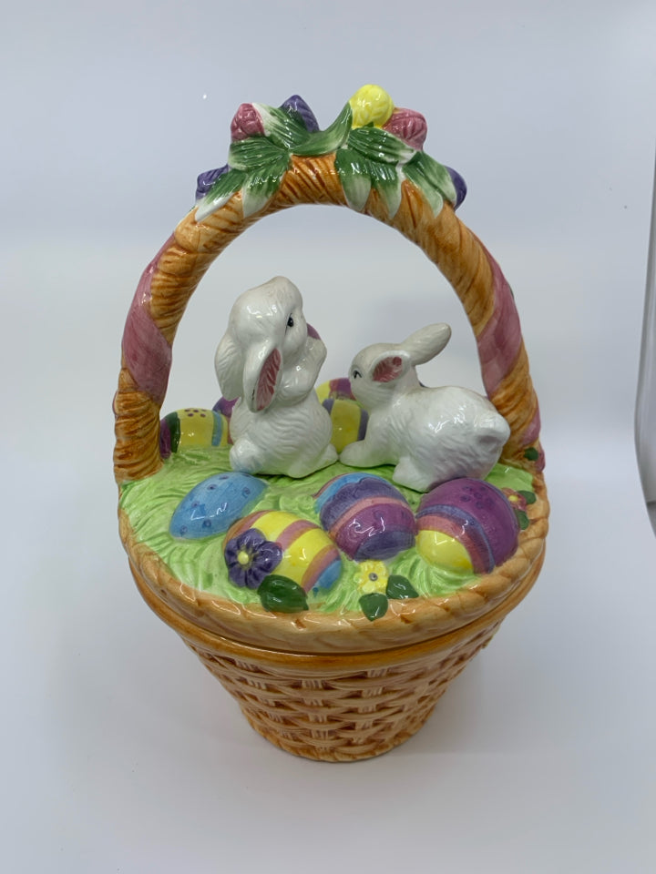 CERAMIC EASTER BASKET W/ BUNNIES/EGGS.