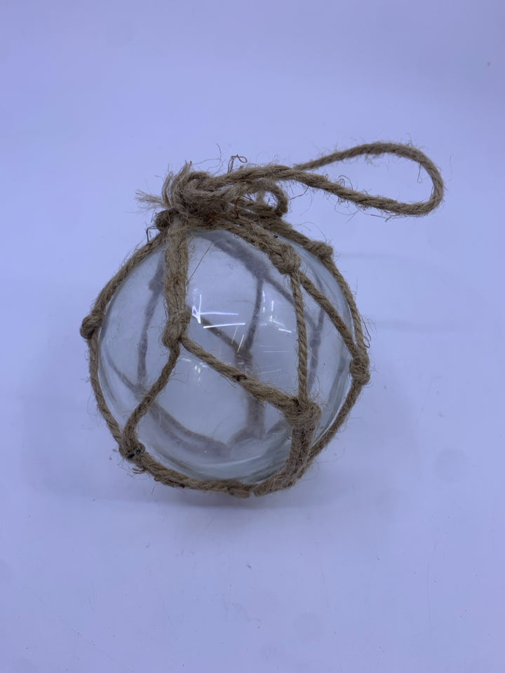 CLEAR GLASS GLOBE AND TWINE ORNAMENT.
