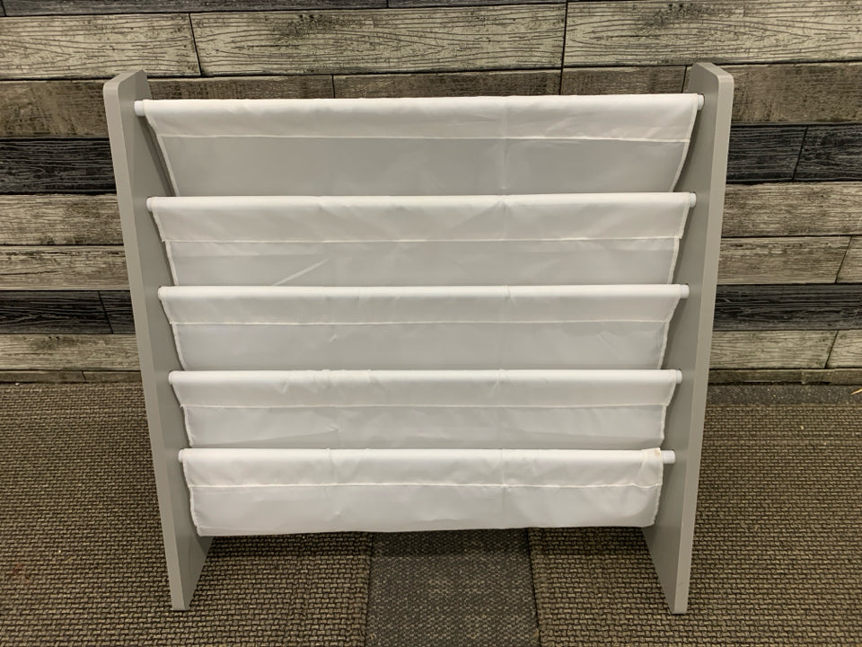 GREY WOOD AND WHITE FABRIC KIDS BOOK SHELF.