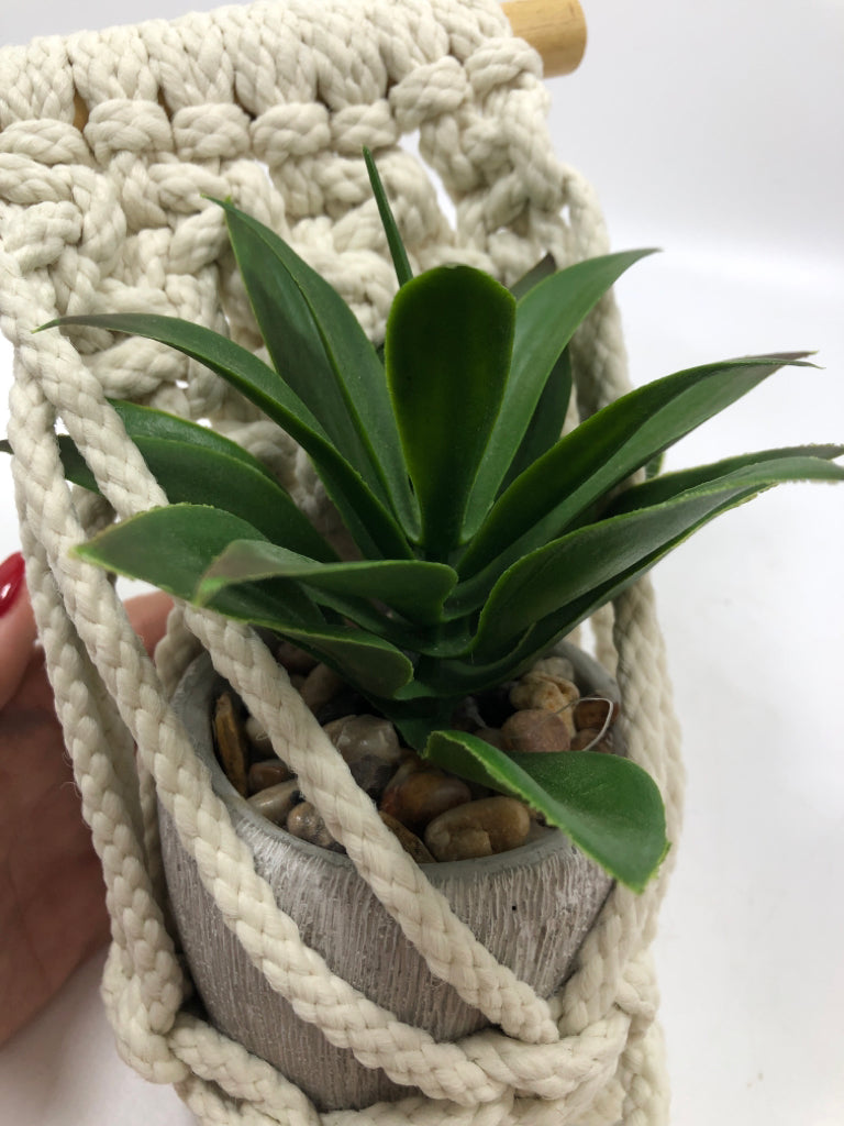 FAUX ALOE PLANT IN MACRAME PLANT HANGING.