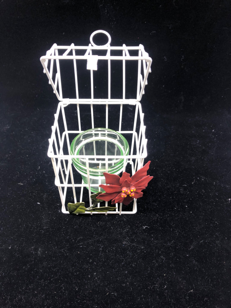 SMALL WHITE METAL BIRDCAGE TEA LIGHT HOLDER W FLORAL.