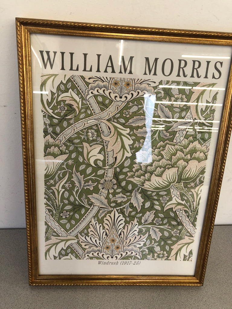 GREEN PAISLEY WILLIAM MORRIS WALL ART IN GOLD FRAME.