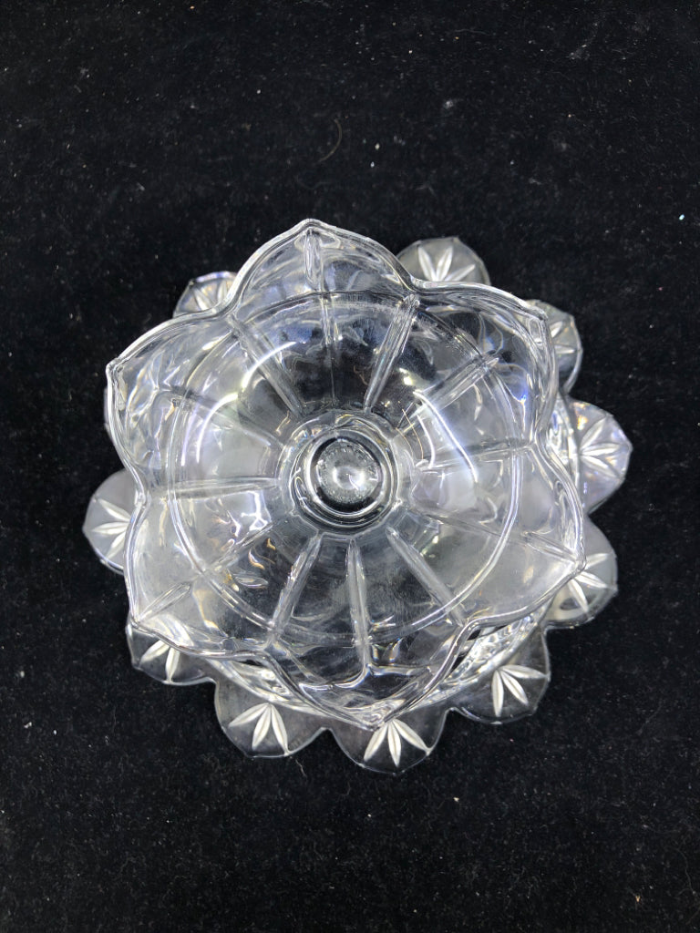 THICK GLASS FOOTED FLOWER SHAPE CANDY DISH.