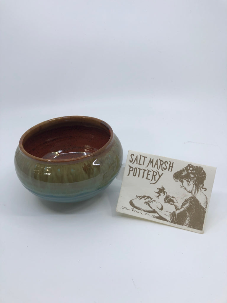 GREEN/ TAN SMALL POTTERY BOWL