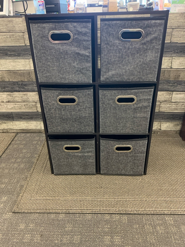 6 CUBE SHELF WITH FABRIC BINS.