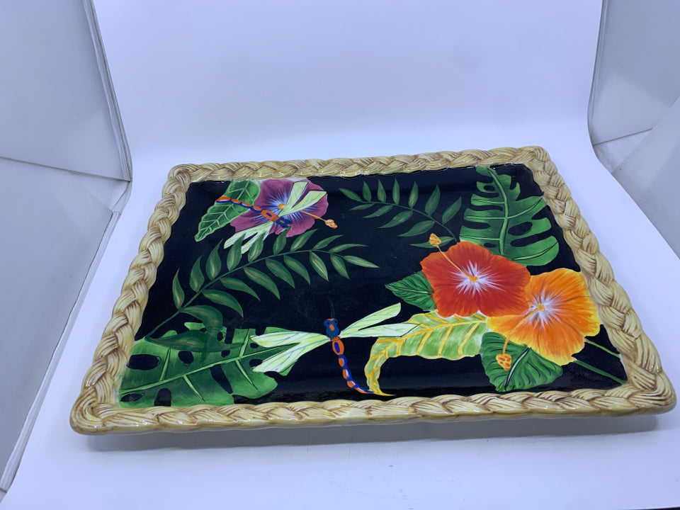LARGE RECTANGLE CERAMIC TRAY W/ TROPICAL FLOWERS.
