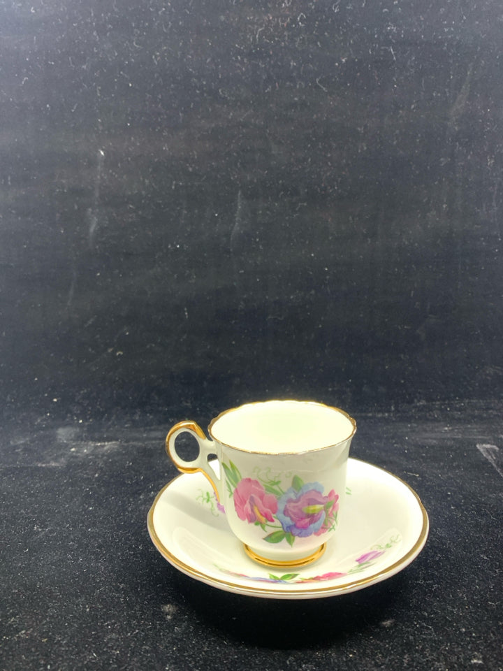 VTG TEA CUP/SAUCER PINK,PURPLE,BLUE FLOWERS.