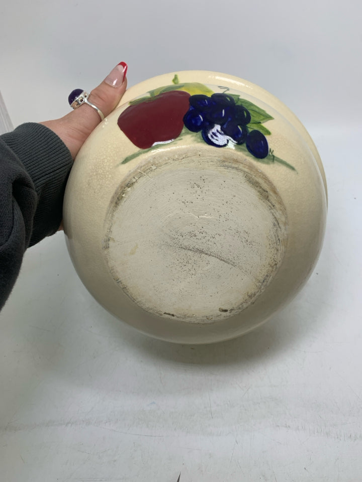 HEAVY POTTERY BOWL W/ GRAPES APPLE & PEAR PAINTED.