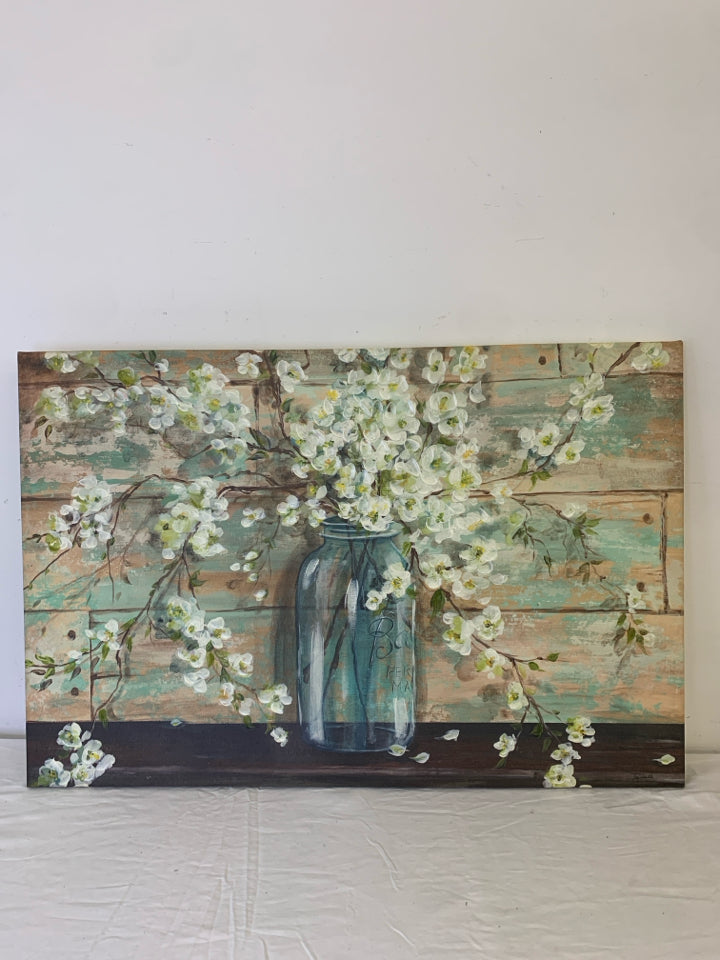 BLUE BALL JAR W/ WHITE FLOWERS DISTRESSED WOOD/TEAL WALL CANVAS.