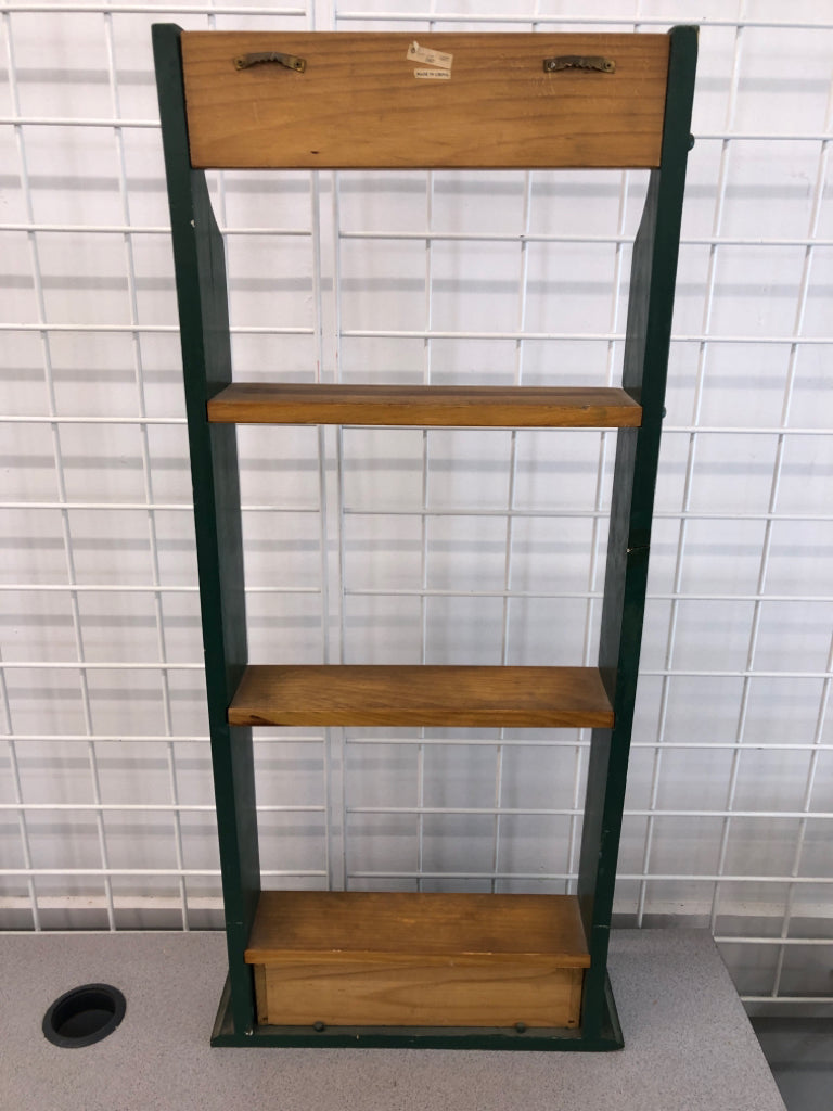 3-TIER GREEN & WOOD HANGING SHELF W/DRAWER.
