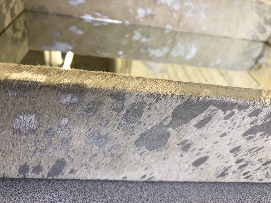 COW LEATHER TRAY W/MIRROR AND HANDLES.