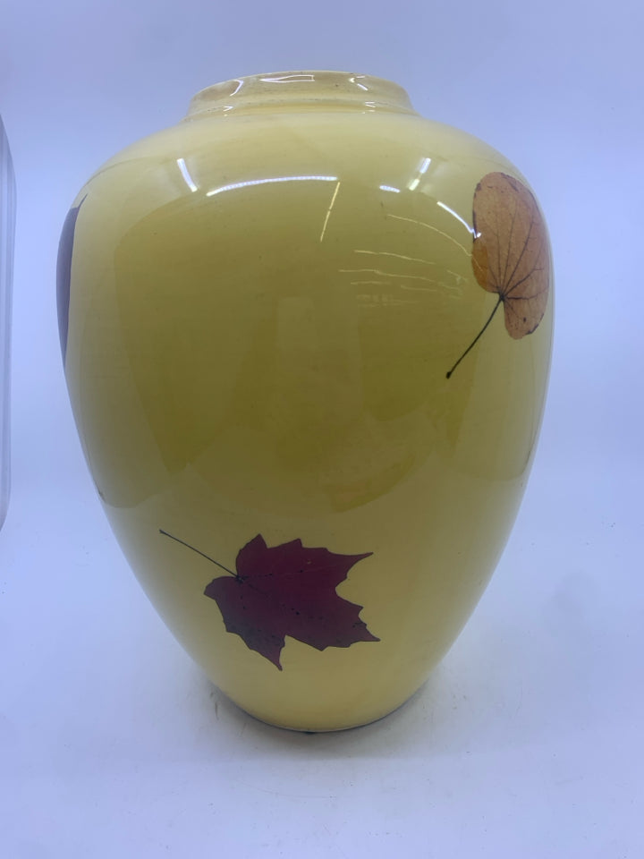LARGE YELLOW VASE W LEAVES.