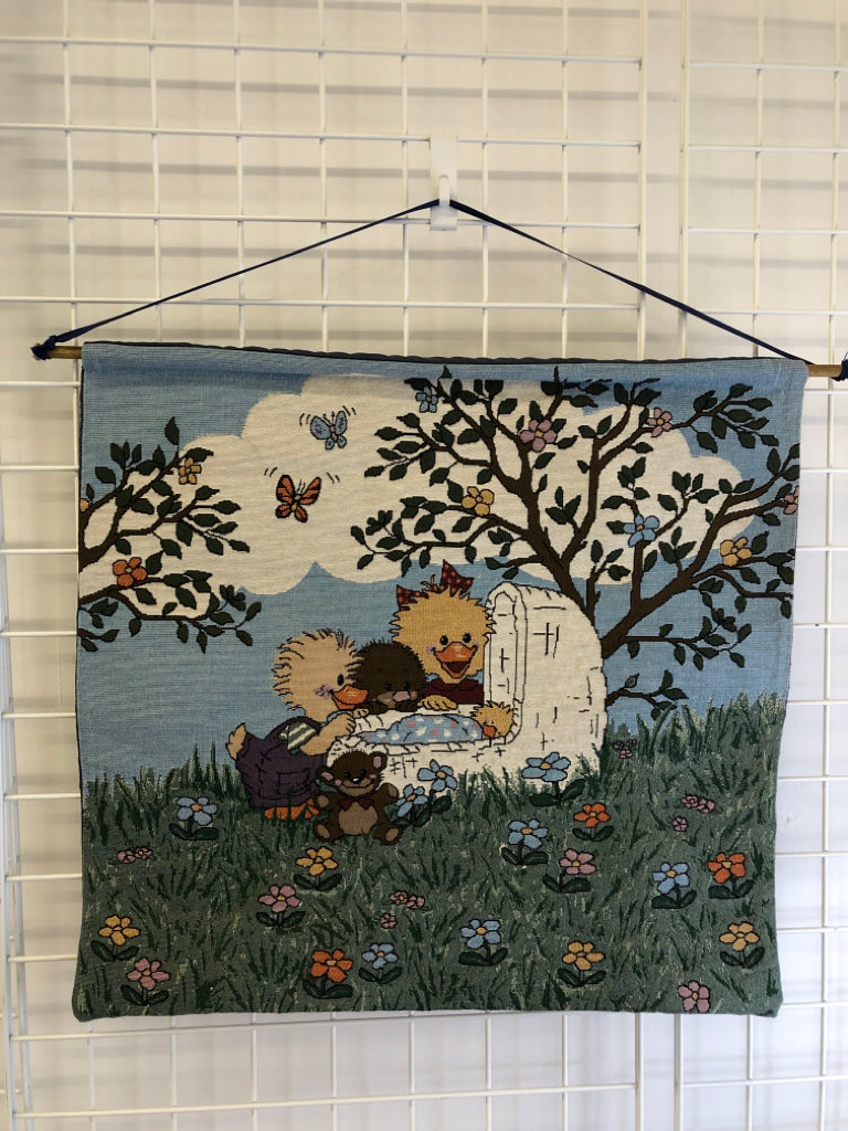 FLOWERS AND DUCKS TAPESTRY WALL HANGING.
