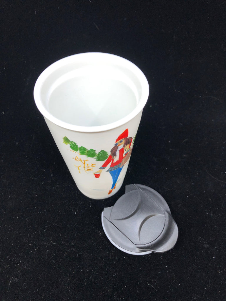 WOMAN IN SWEATER - CERAMIC REUSABLE TRAVEL MUG.