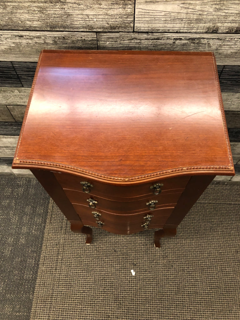WOODEN STANDING JEWELRY BOX W/4 DRAWERS&GREEN VELVET.