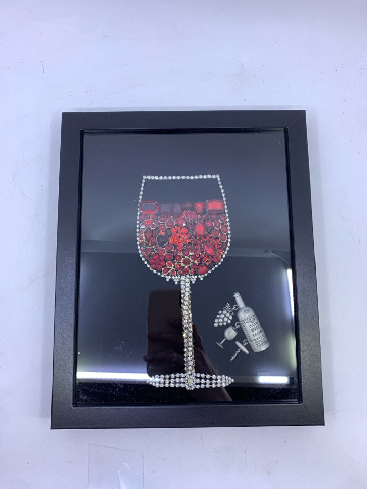 BEDAZZLED WINE GLASS RED/SILVER BLACK FRAME WALL HANGING.