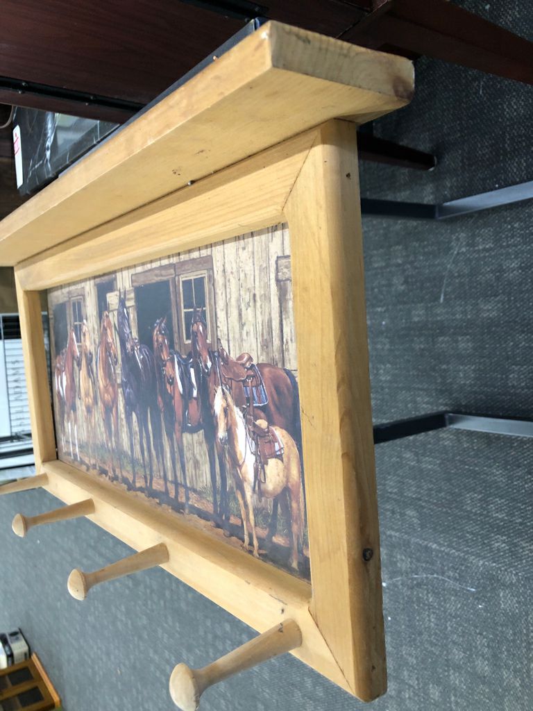 HORSES AT BARN FRAMED PRINT WITH 4 HOOKS.