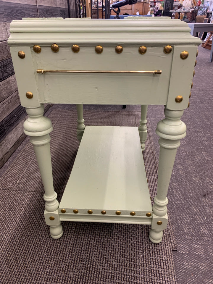 SMALL GREEN BOTTOM SHELF GOLD STUDDED SIDE TABLE.