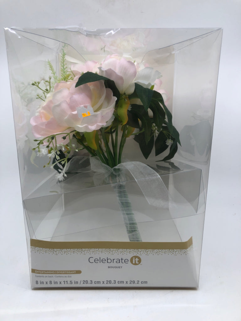 NIB FAUX PINK/WHITE ROSES BOUQUET-CELEBRATE IT