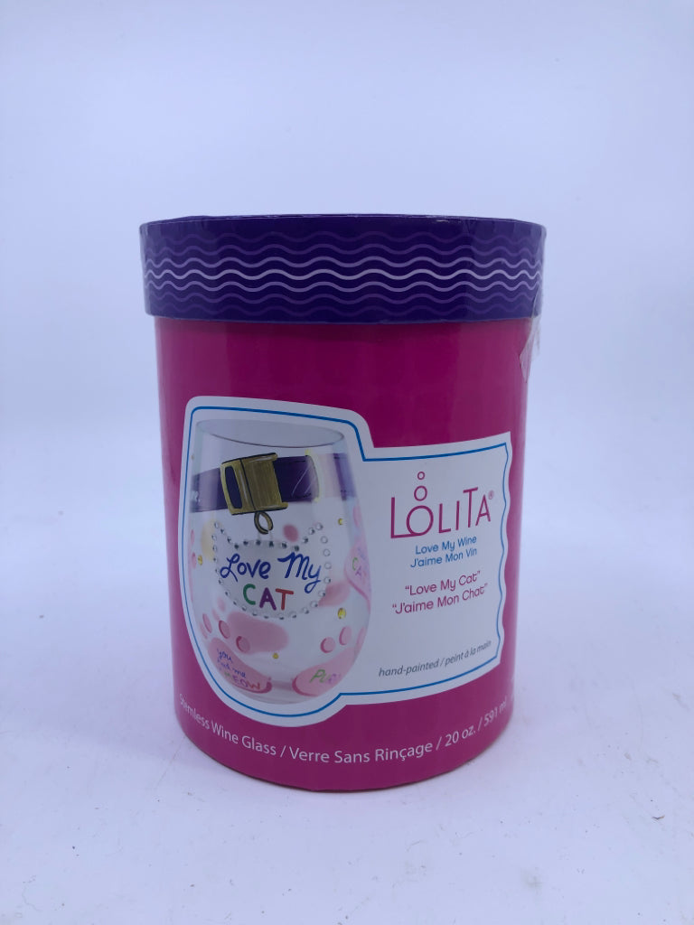 NIB LOLITA LOVE MY CAT STEMLESS WINE GLASS.