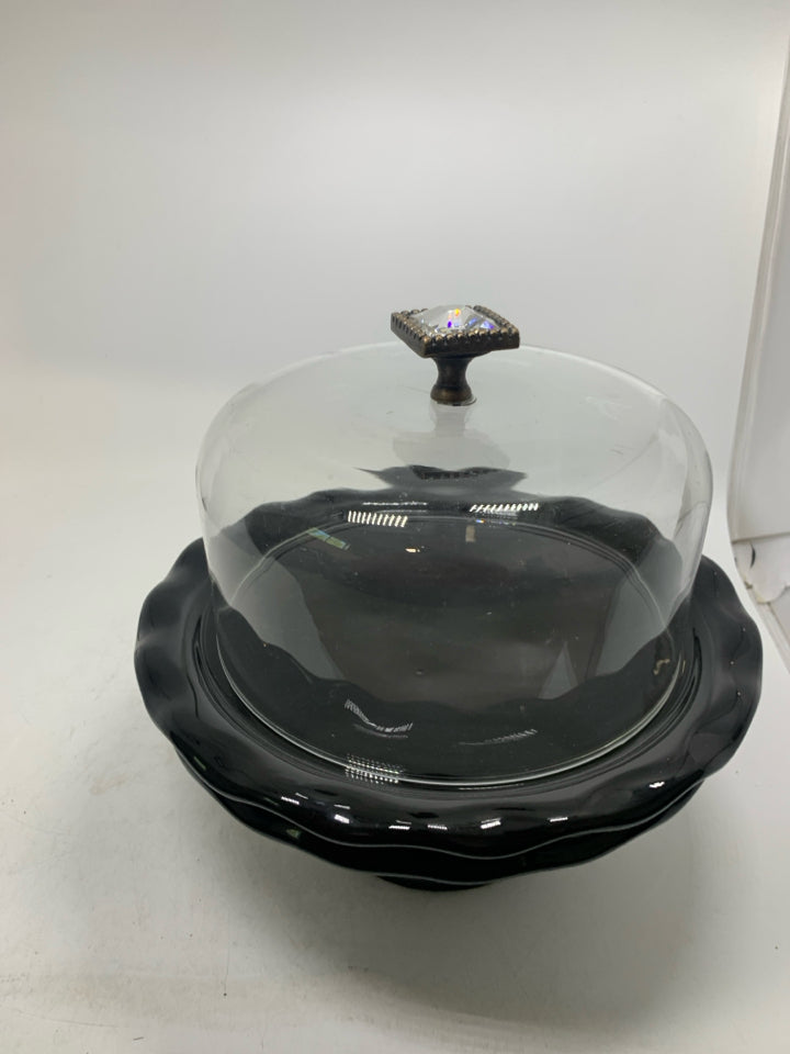 2 PC CERAMIC CAKE STAND W/ GLASS DOME DAZZLED HANDLE.