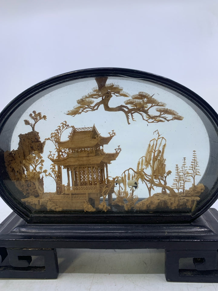 ASIAN STYLE 3D BAMBOO VILLAGE IN BLACK DISPLAY CASE.