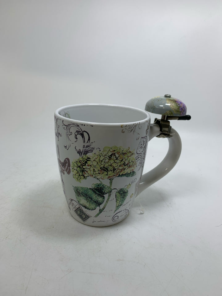LARGE COFFEE MUG W/ SCRIPT & HYDRANGEAS.