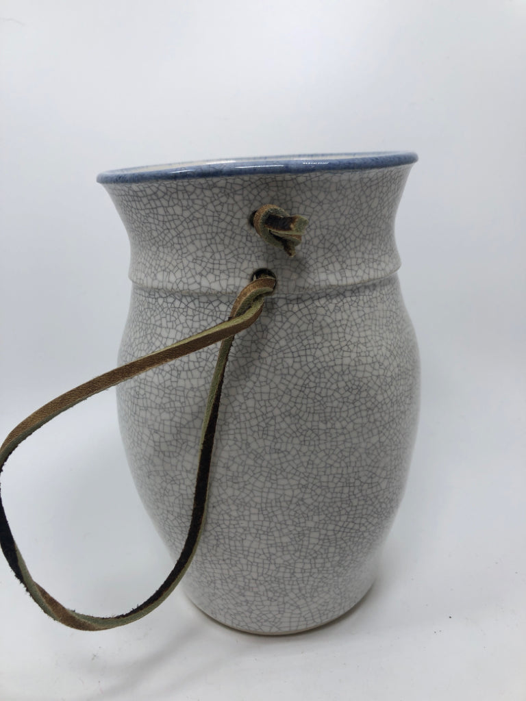 BLUE FLORAL CRAZED HANGING POTTERY VASE.
