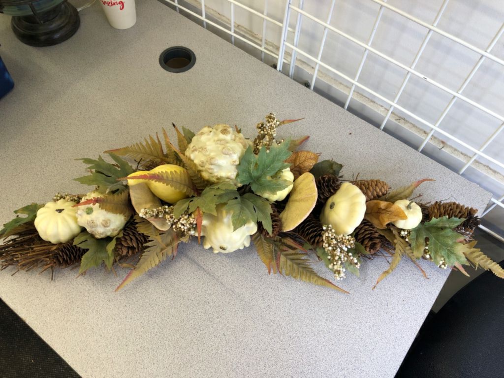 WHITE FAUX FALL FLORAL SWAG/ CENTERPIECE.
