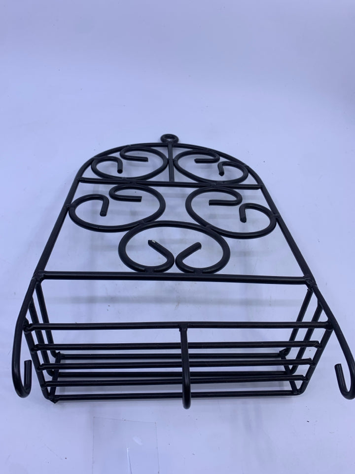 BROWN METAL ARCH SCROLL HANGING SMALL SHELF W/ 3 HOOKS.
