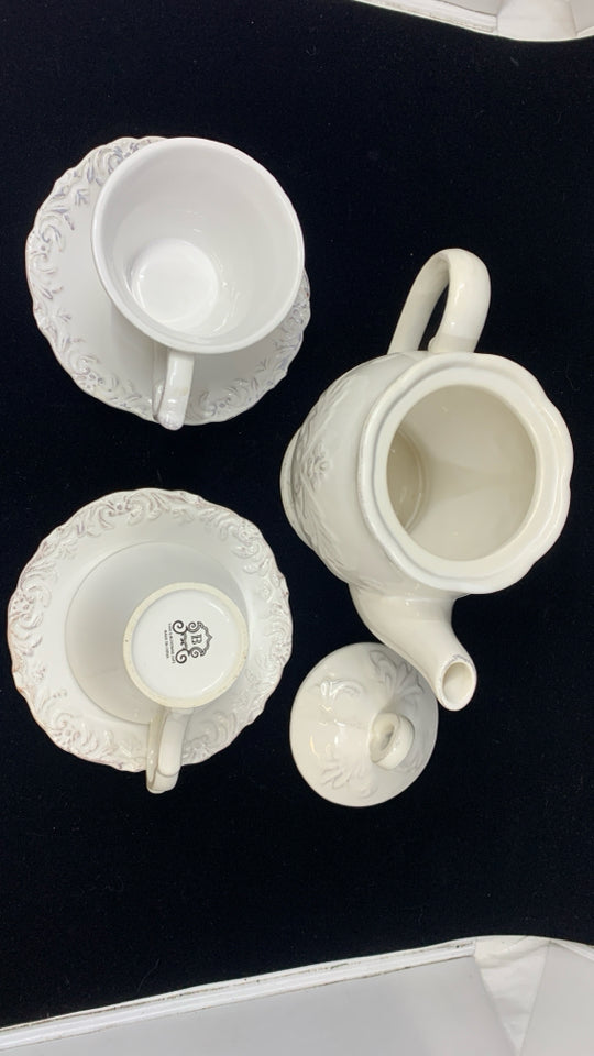 TEAPOT + 2 CUPS & SAUCERS WHITE/GRAY CERAMIC SCALLOPED RAISED PATTERN.
