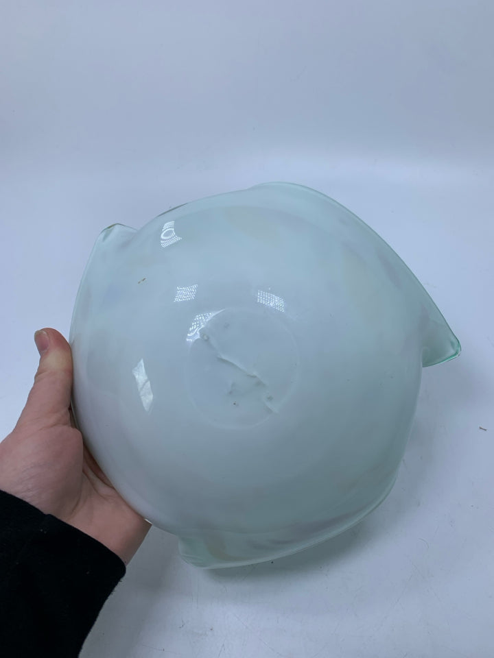 TEAL ABSTRACT BLOWN GLASS CATCH ALL BOWL W/ COLORED SPECKLES.