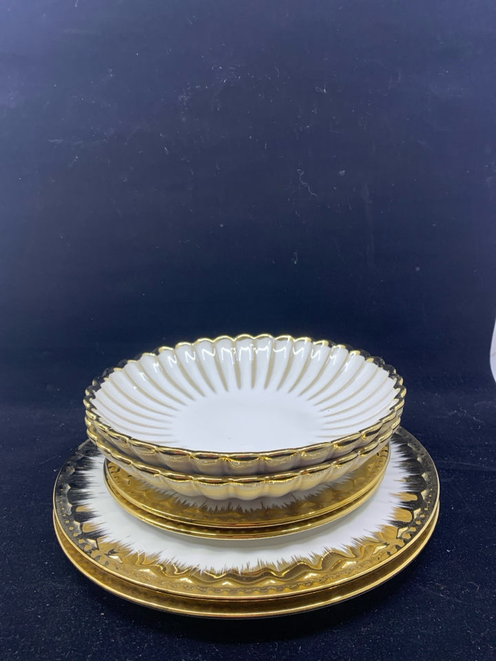 6PC SCALLOP EDGE GOLD SERV FOR 2 - 2 DINNER PLATES, 2 LUNCH PLATES, 2 BOWLS.