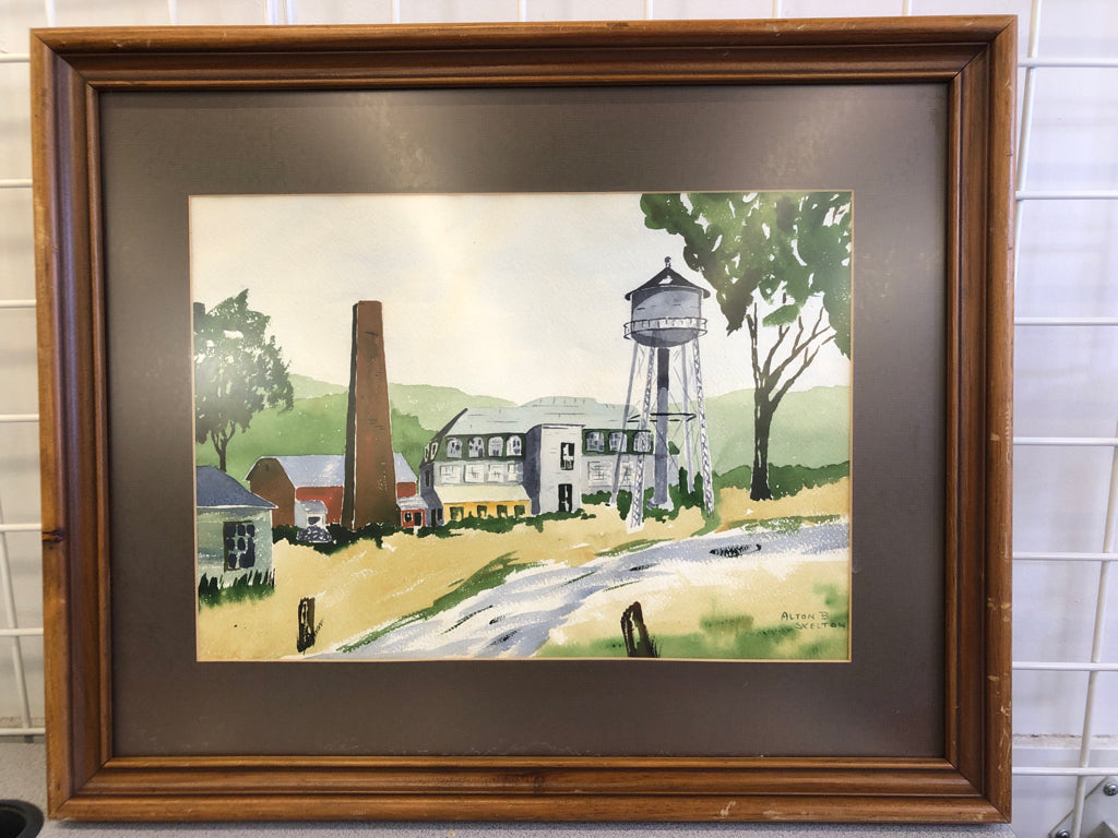 WATERCOLOR FARM SCENE IN BROWN FRAME WALL ART.