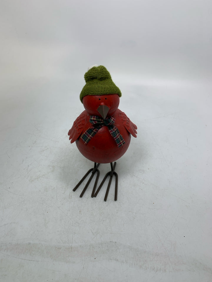 RED METAL BOBBLE CHICKADEE W/ HAT.