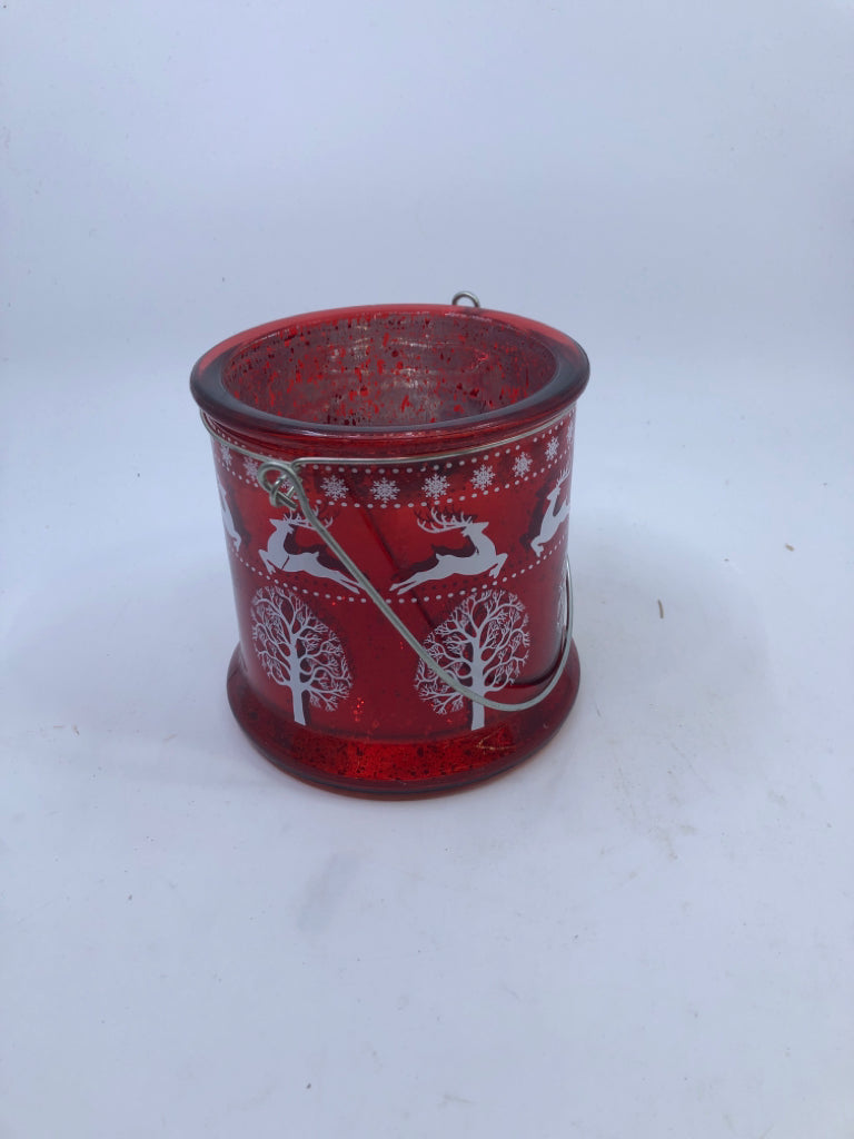 RED W REINDEER MERCURY GLASS LANTERN.