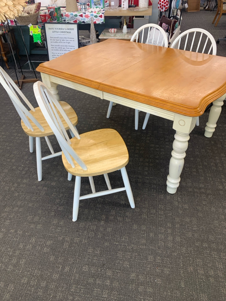WHITE RECTANGLE EDGED DINING TABLE BLONDE TOP W/ 4 OVAL BACK CHAIRS.