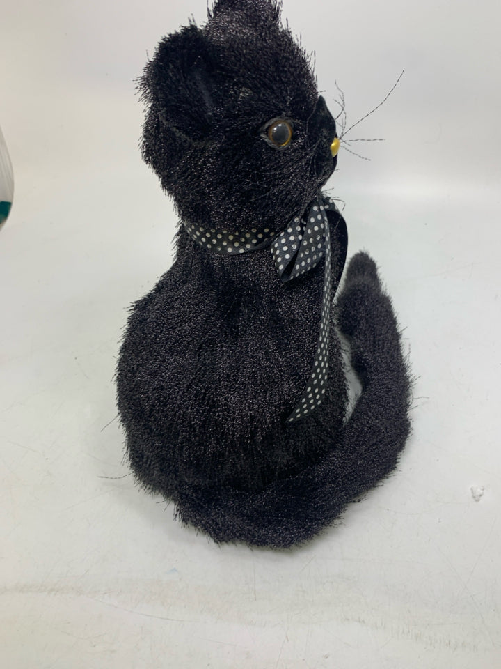 LIGHT WEIGHT SITTING FURRY BLACK CAT W/ RIBBON.