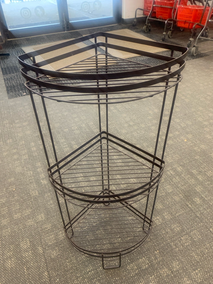 3 TIER BROWN METAL CORNER SHELF ORGANIZER.
