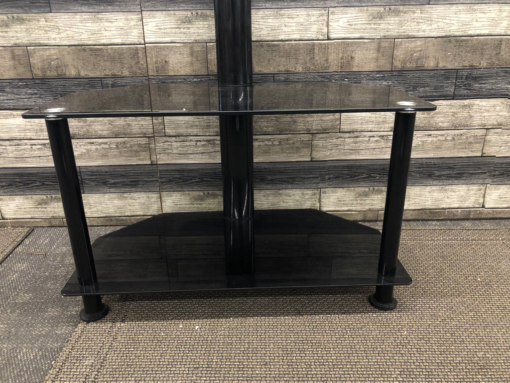 TV STAND BLACK GLASS/METAL W 2 SHELVES.