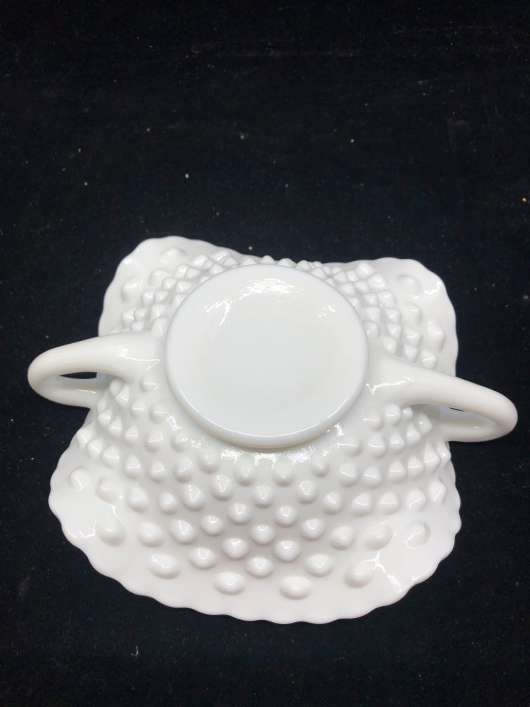 VTG MILK GLASS RAISED EDGE CANDLE PLATE W 2 HANDLES.